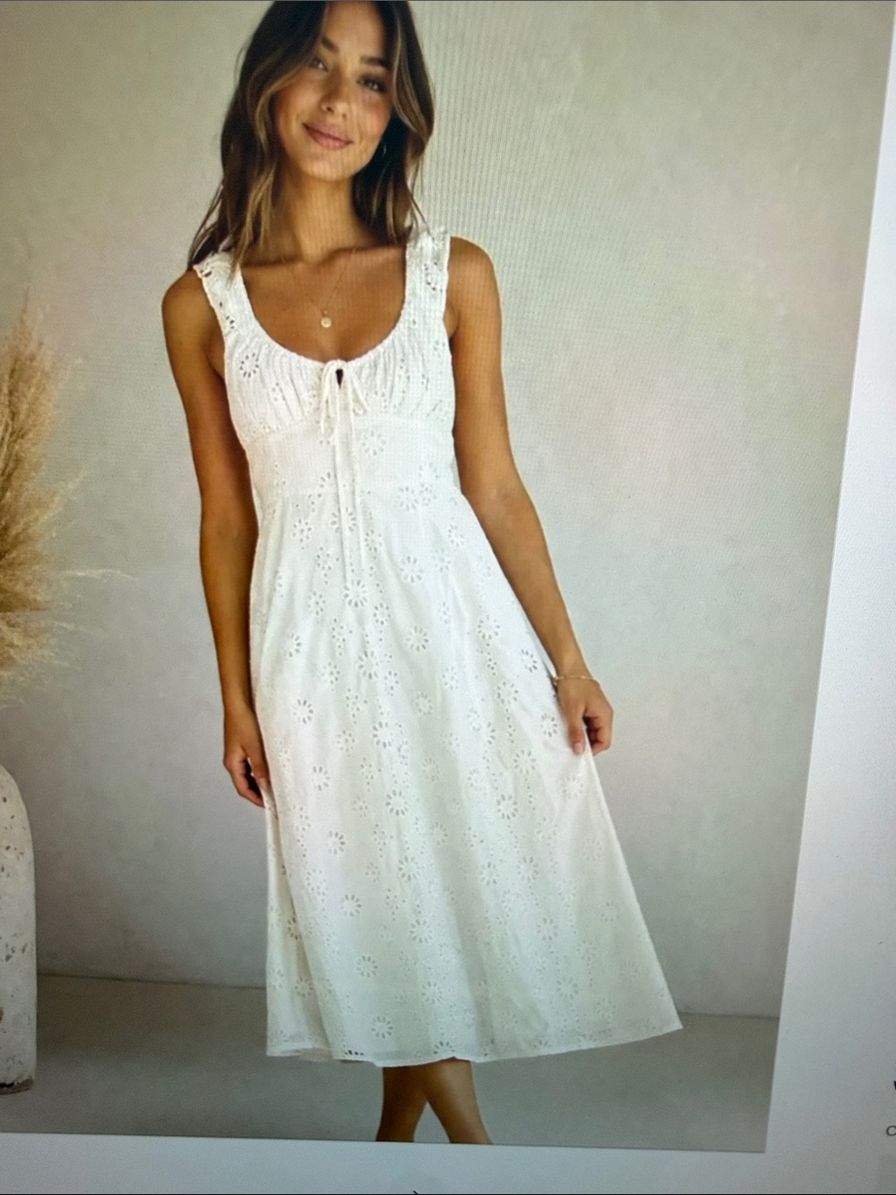 NWOT WAYF White Eyelet  Cotton Midi Dress with tie at bust
